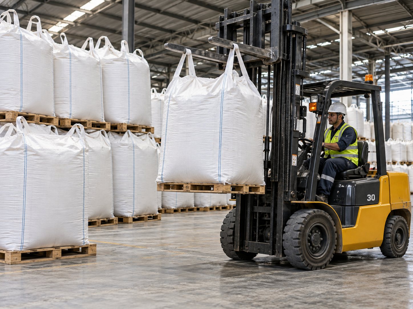 Carrello elevatore che movimenta un big bag di minerali in un magazzino con big bag impilati