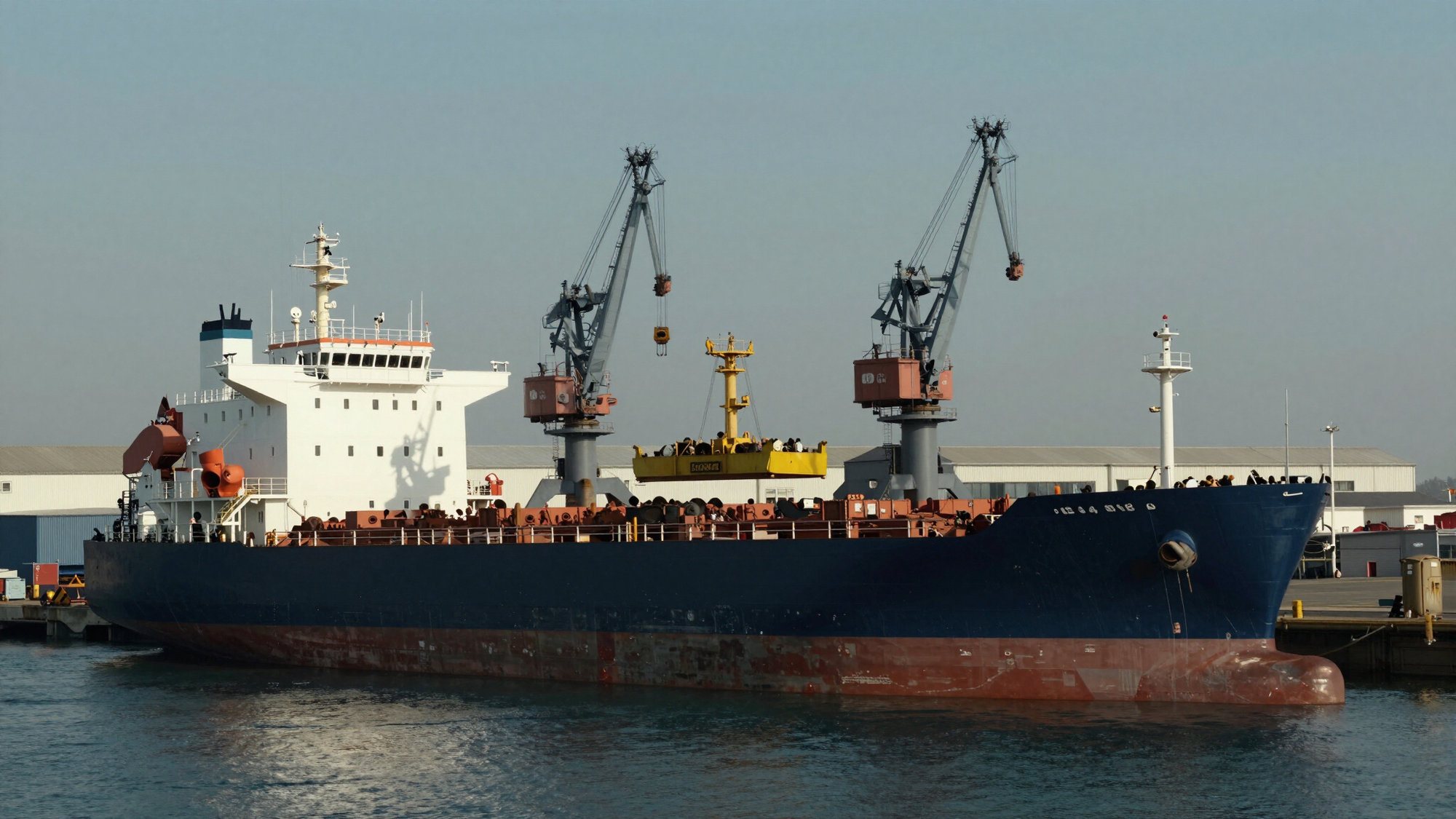 Nave portarinfuse in banchina con le gru di bordo pronte per il carico