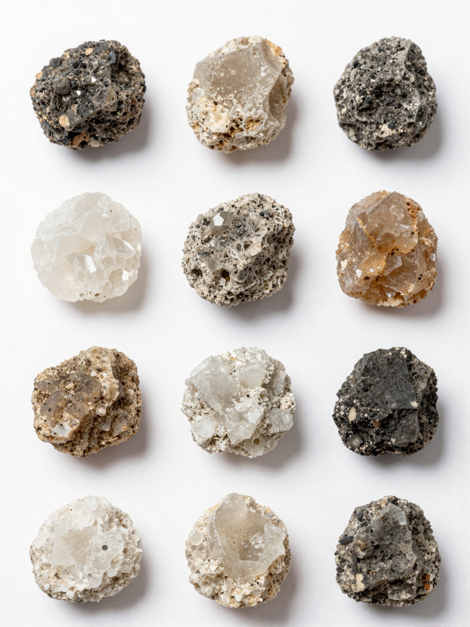 Cuadrícula de muestras de minerales industriales de distintos colores y texturas
