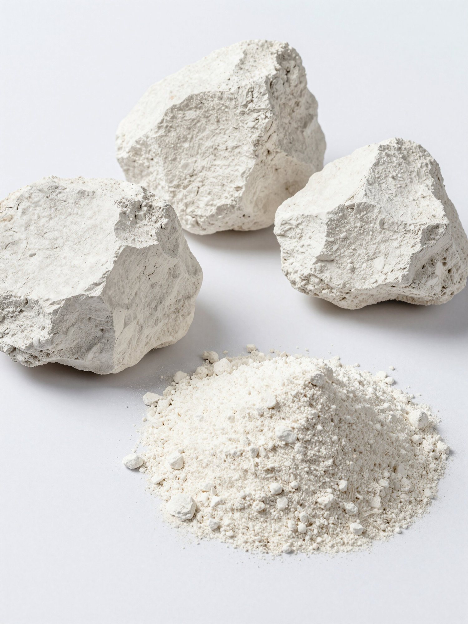 Fragmentos de caolín blanco y caolín en polvo
