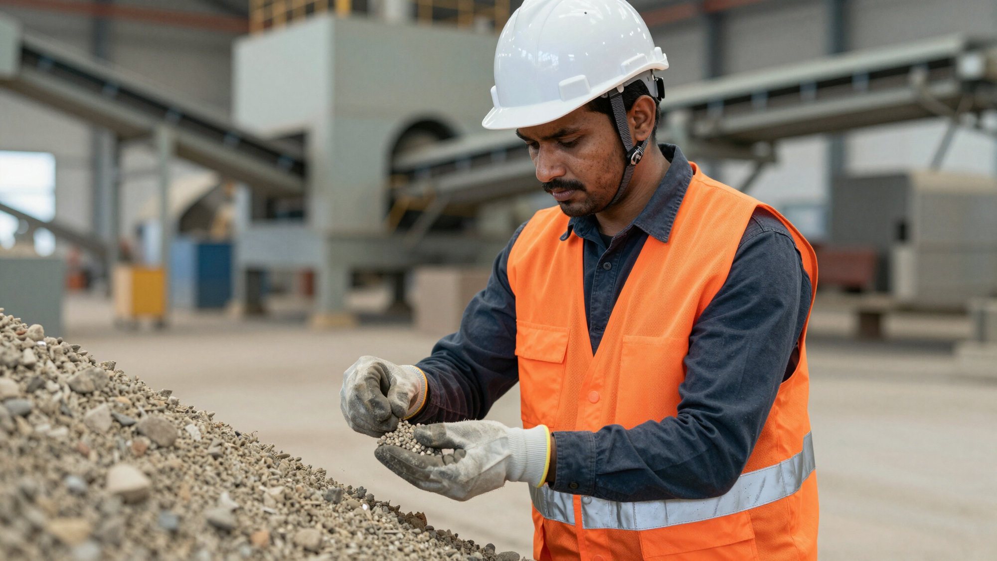 Especialista con equipo de seguridad inspeccionando material mineral en una planta