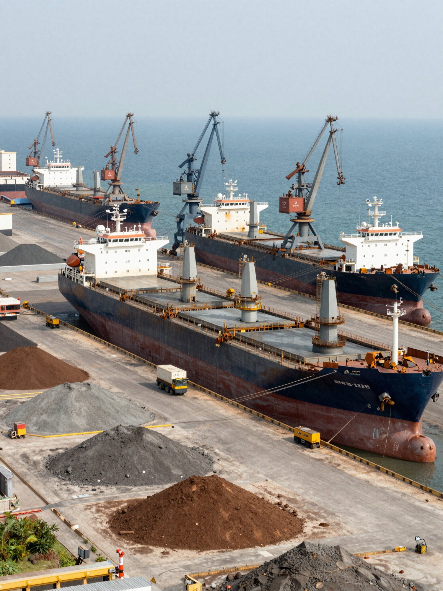 Dry bulk carriers berthed at a port quay beside stockpiles of bulk minerals and harbour cranes